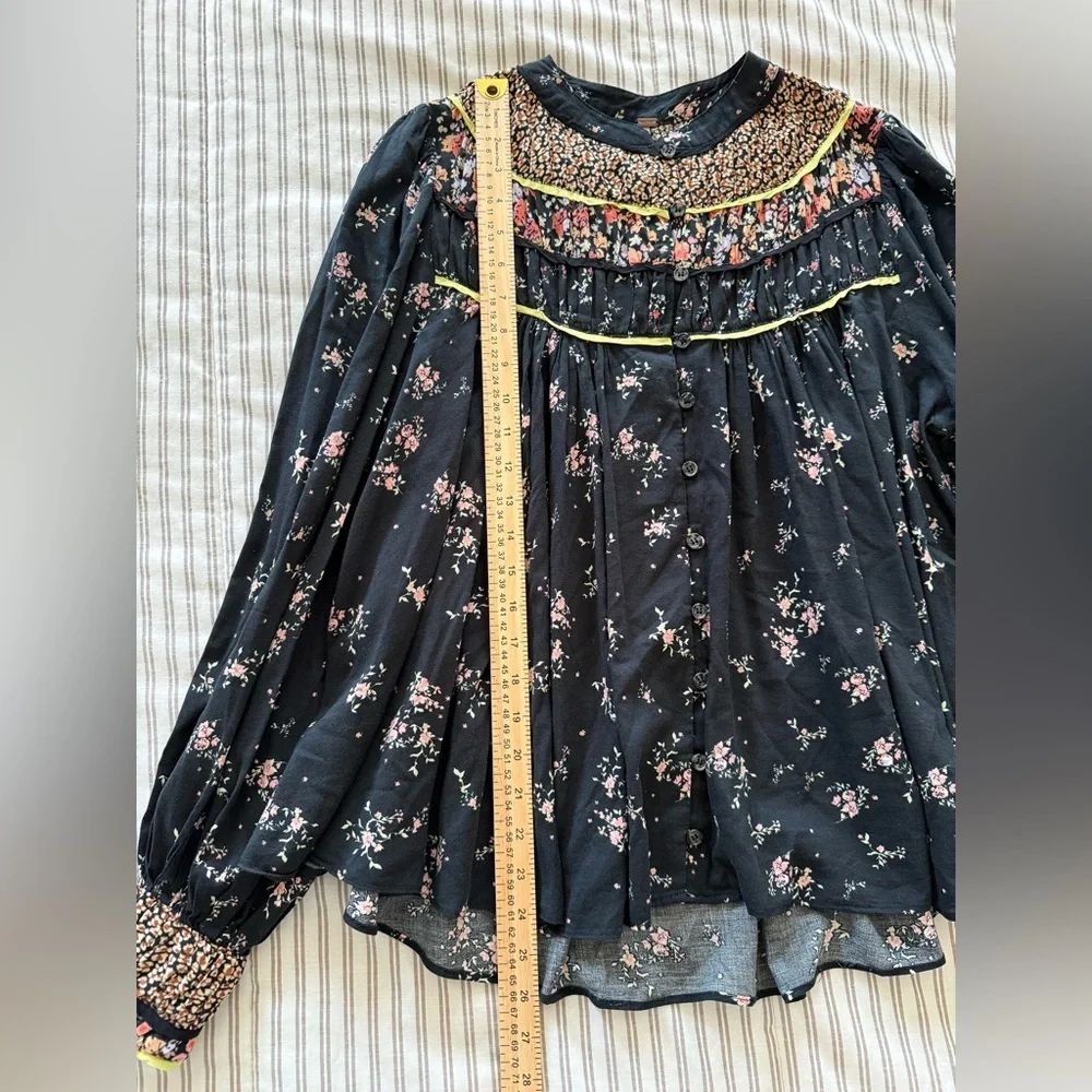 Free People Black Floral Button-Front Blouse with Neon Trim
